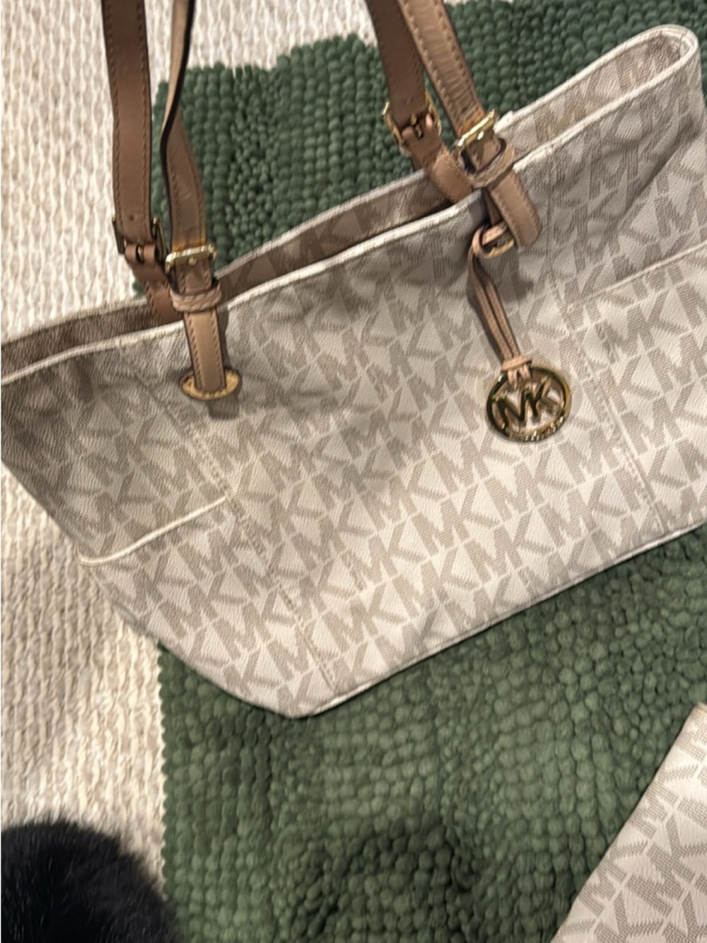 Michael Kors Cream MK Monogram Tote with Tan Trim and Gold Charm - Picture 6 of 6